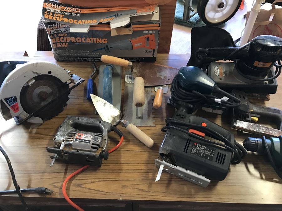 Large Power Tool Lot With Rotary Saw, Jig Saws, Electric Drill, Belt Sanders, Reciprocating Saw And Tile Hand Tools