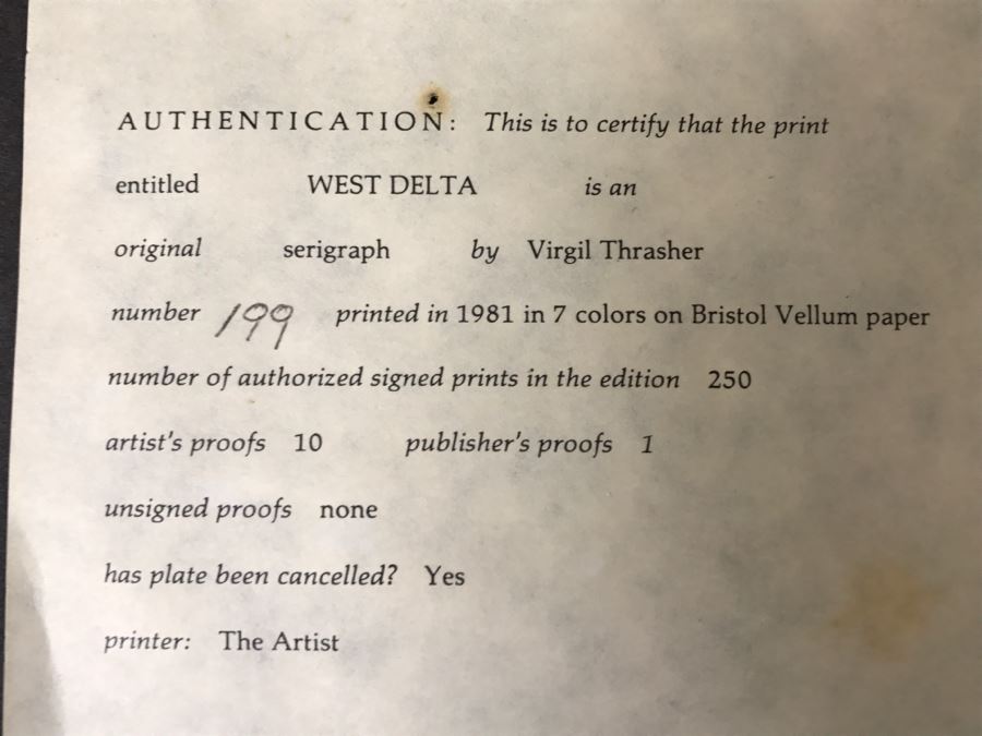 Virgil Thrasher Hand Signed Limited Edition 'West Delta' Serigraph Print Number 199 Of 250 [Photo 5]