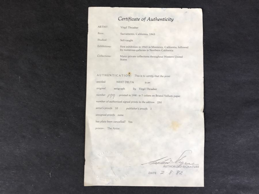 Virgil Thrasher Hand Signed Limited Edition 'West Delta' Serigraph Print Number 199 Of 250 [Photo 10]