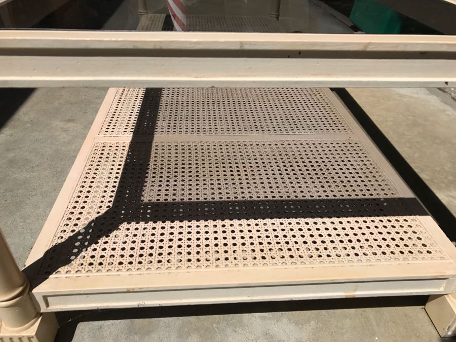 Cream Colored Wood And Glass Coffee Table With Cane Bottom Shelf [Photo 6]