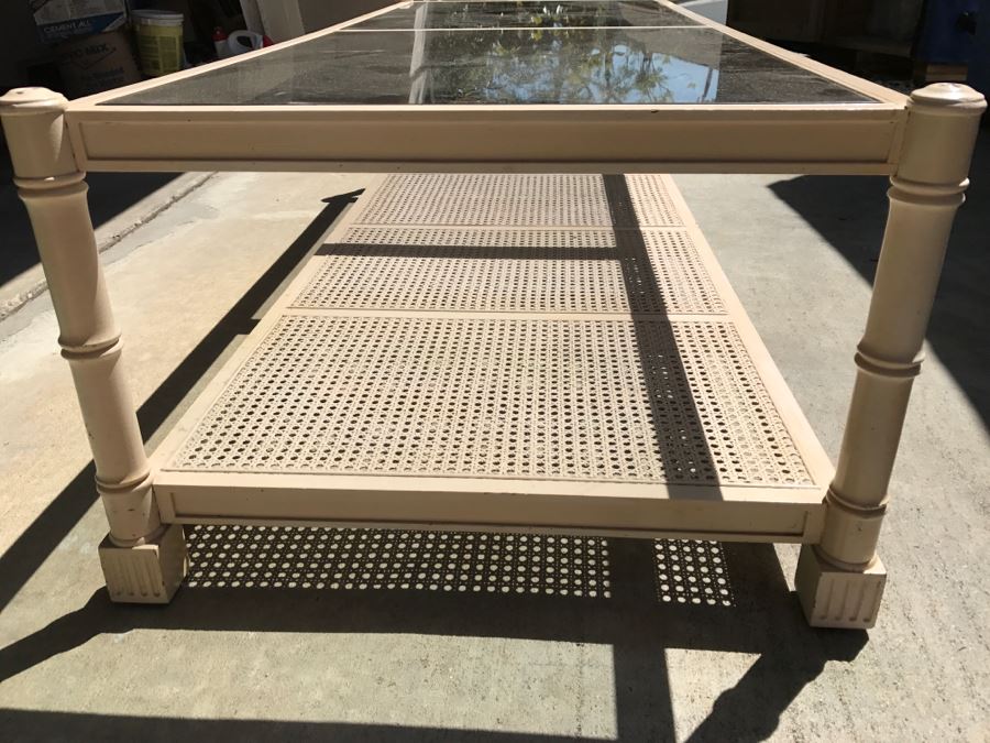 Cream Colored Wood And Glass Coffee Table With Cane Bottom Shelf