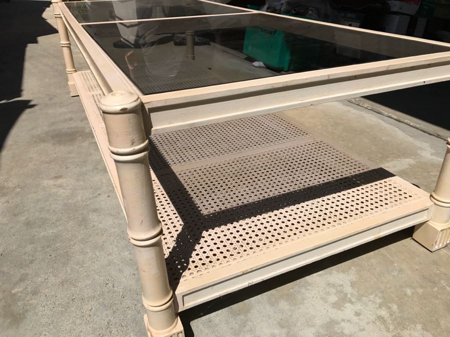 Cream Colored Wood And Glass Coffee Table With Cane Bottom Shelf [Photo 5]