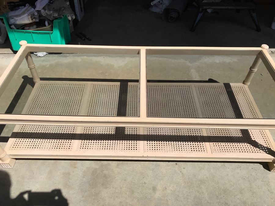 Cream Colored Wood And Glass Coffee Table With Cane Bottom Shelf [Photo 3]