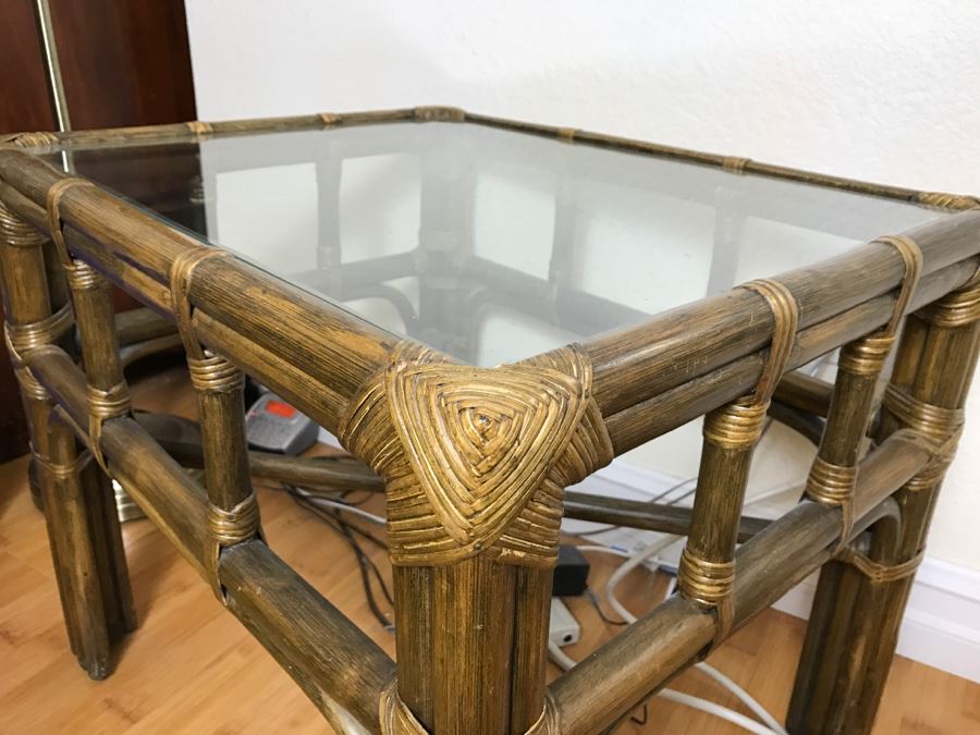 Vintage Rattan Glass Top Side Table [Photo 2]