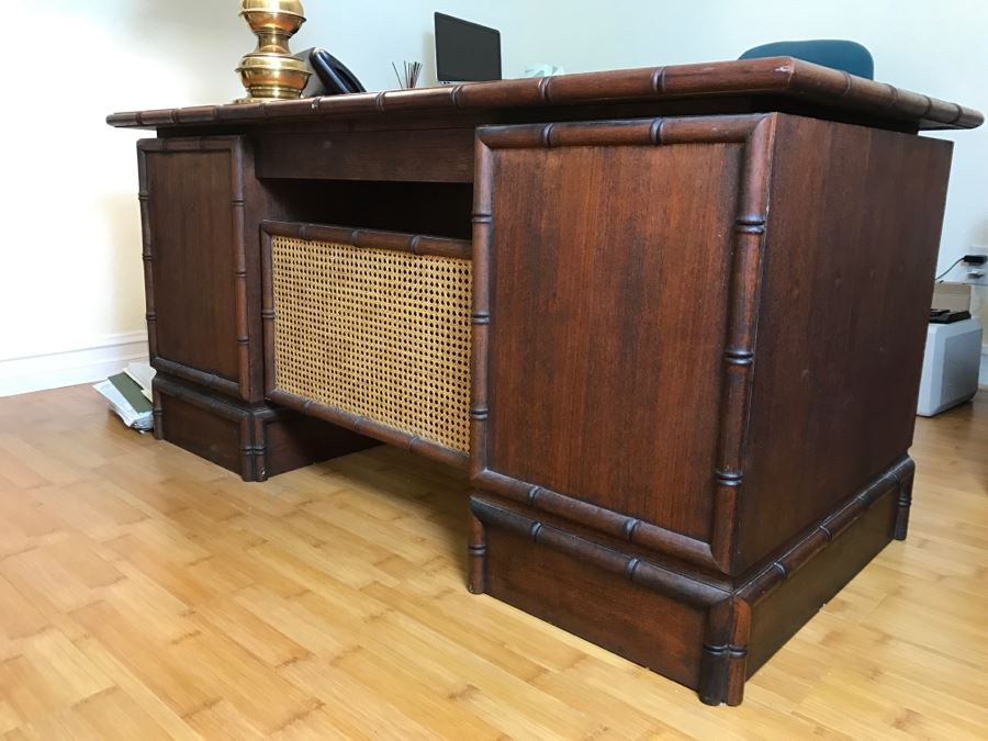 Cool Mid-Century Chinoiserie Wooden Executive Desk With Cane Back By Ricardo Lynn & Co