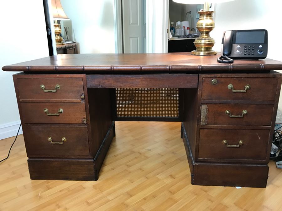 Cool Mid-Century Chinoiserie Wooden Executive Desk With Cane Back By ...