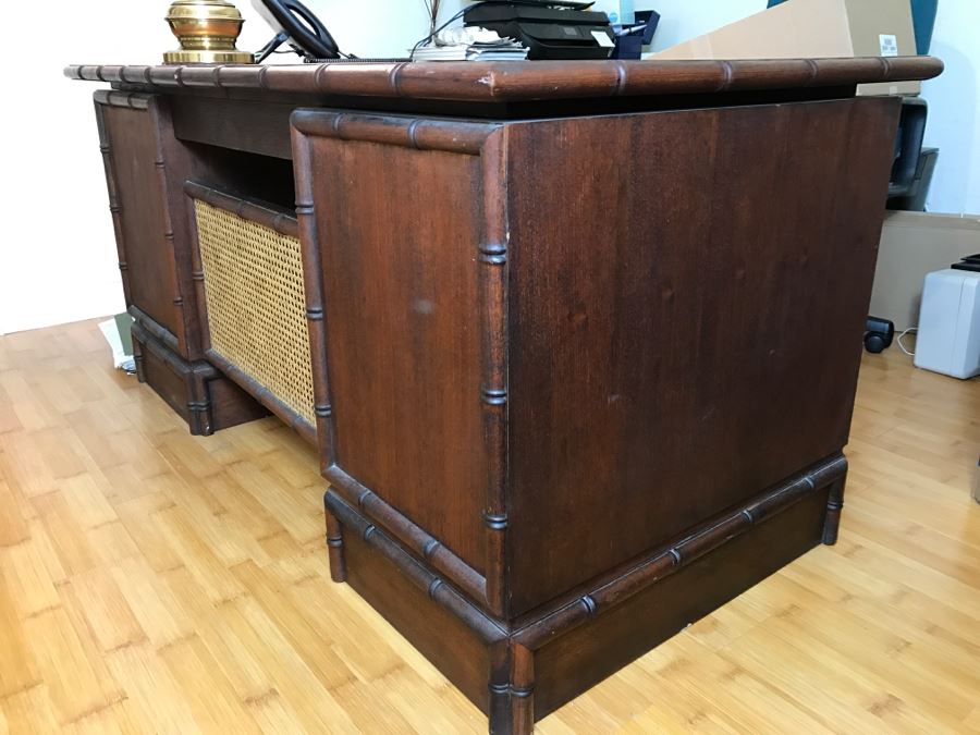 Cool Mid-Century Chinoiserie Wooden Executive Desk With Cane Back By Ricardo Lynn & Co [Photo 7]