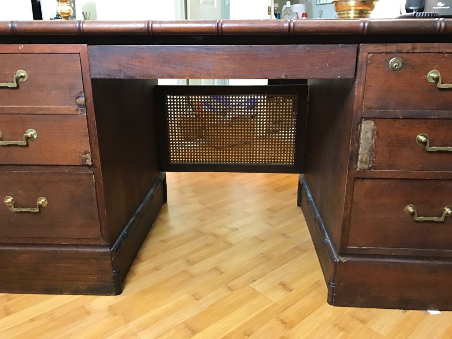 Cool Mid-Century Chinoiserie Wooden Executive Desk With Cane Back By Ricardo Lynn & Co [Photo 10]