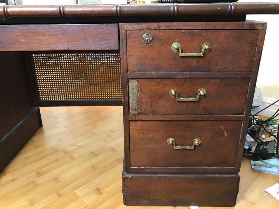 Cool Mid-Century Chinoiserie Wooden Executive Desk With Cane Back By Ricardo Lynn & Co [Photo 12]