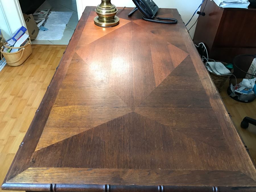 Cool Mid-Century Chinoiserie Wooden Executive Desk With Cane Back By Ricardo Lynn & Co [Photo 3]