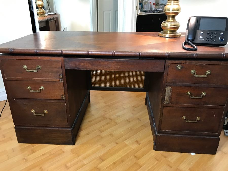 Cool Mid-Century Chinoiserie Wooden Executive Desk With Cane Back By ...