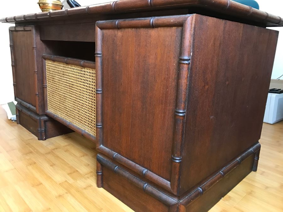 Cool Mid-Century Chinoiserie Wooden Executive Desk With Cane Back By Ricardo Lynn & Co [Photo 6]