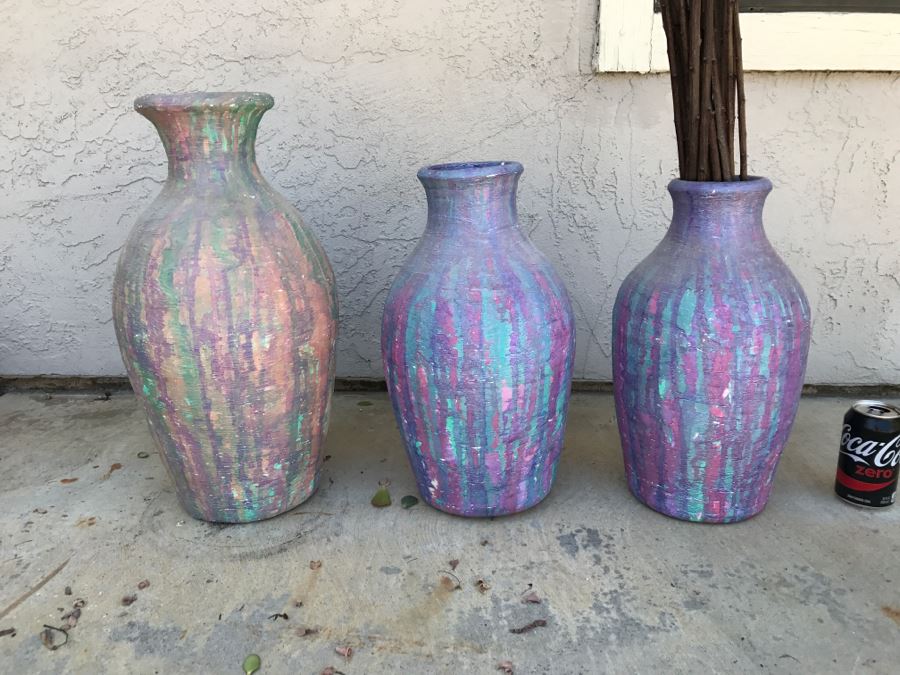JUST ADDED - Set Of 3 Painted Pottery Pots [Photo 1]