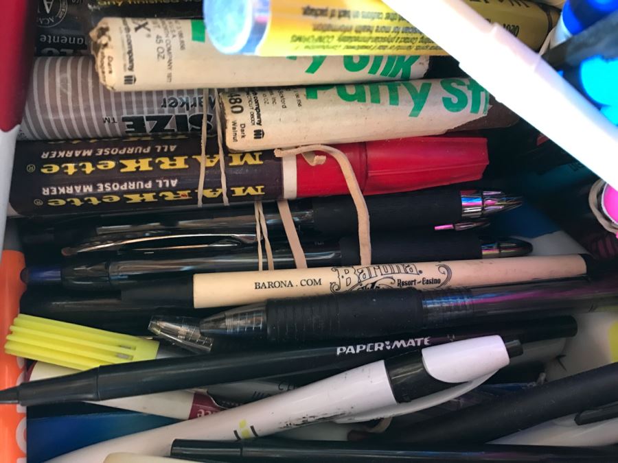 JUST ADDED - Box Filled With Office Supplies, Pens, Hole Puncher [Photo 7]