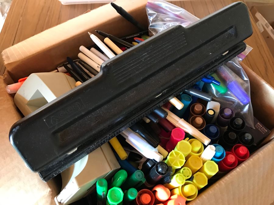 JUST ADDED - Box Filled With Office Supplies, Pens, Hole Puncher [Photo 8]