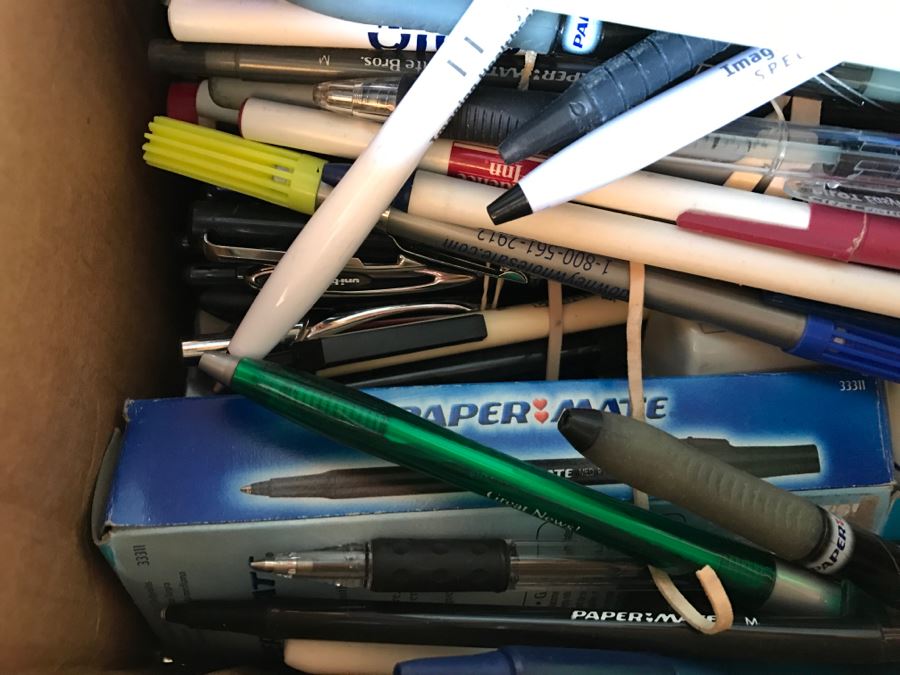 JUST ADDED - Box Filled With Office Supplies, Pens, Hole Puncher [Photo 4]