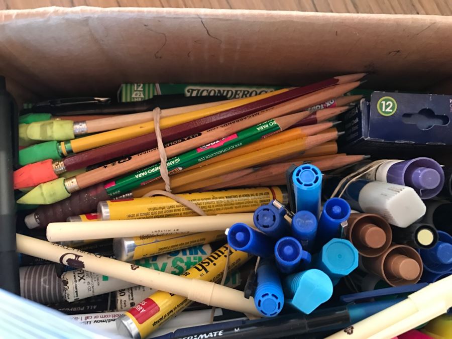 JUST ADDED - Box Filled With Office Supplies, Pens, Hole Puncher [Photo 6]