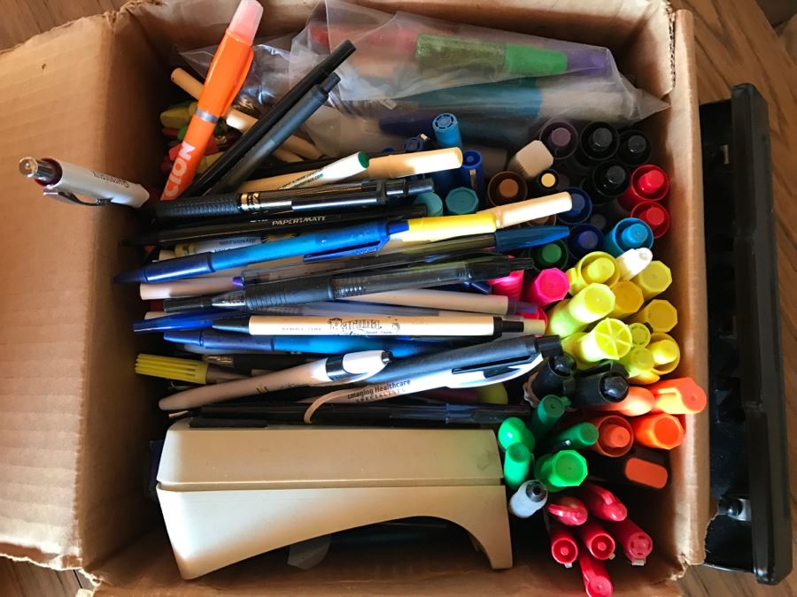 JUST ADDED - Box Filled With Office Supplies, Pens, Hole Puncher