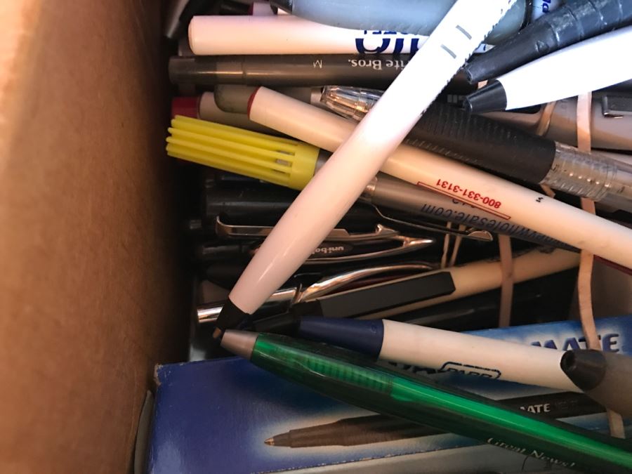 JUST ADDED - Box Filled With Office Supplies, Pens, Hole Puncher [Photo 5]