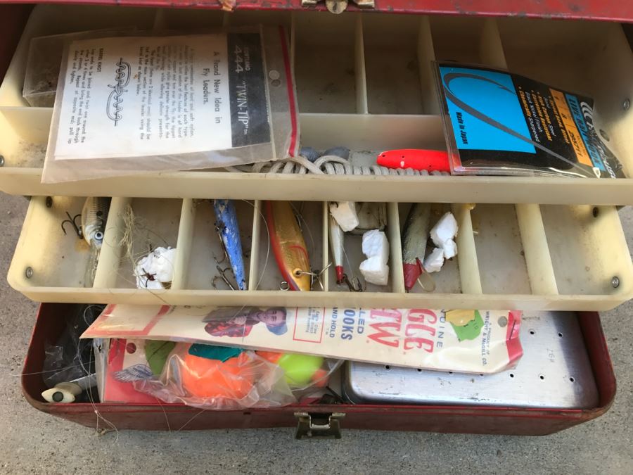 JUST ADDED - Vintage Metal Fishing Tackle Box With Fishing Tackle, Lures, Fishing Flies, Reel