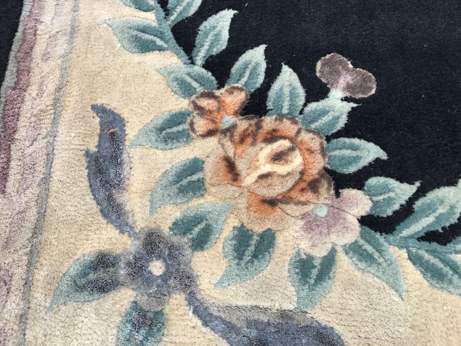 100% Virgin Wool Pile Area Rug With Floral Motif Blacks, Tans, Pinks [Photo 4]