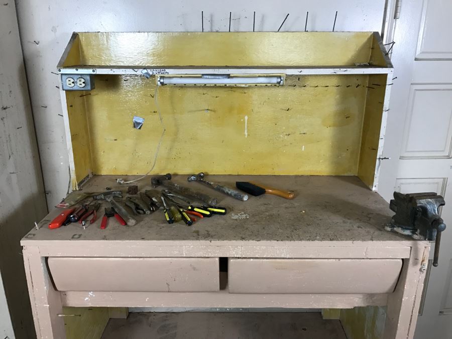 Vintage Workbench Tool Bench With Dunlap Bench Vise And Assorted Tools [Photo 2]
