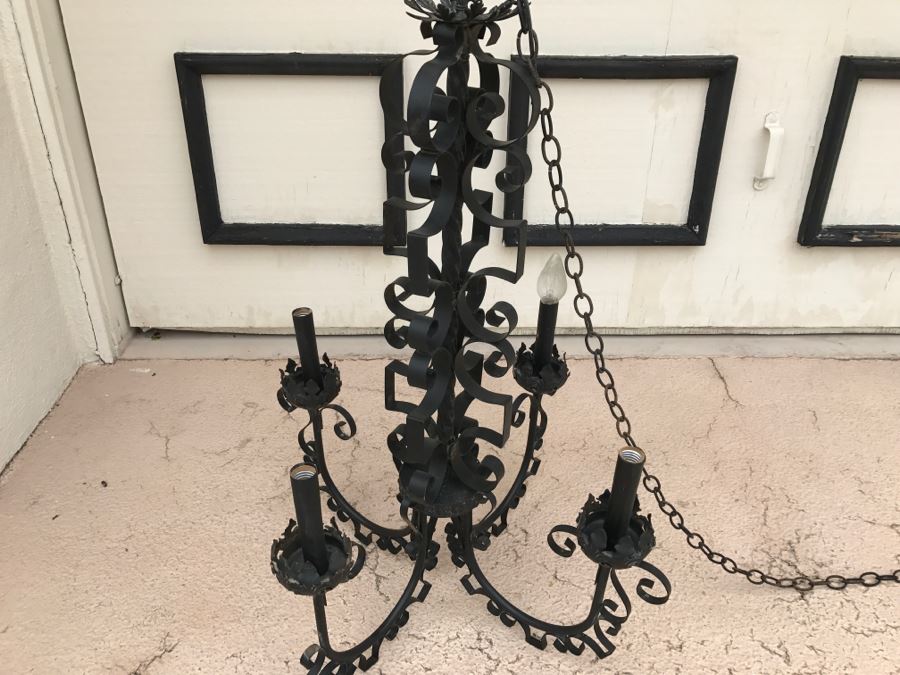 Ornate Vintage Black Metal Chandelier Light Fixture 4 Arms [Photo 2]