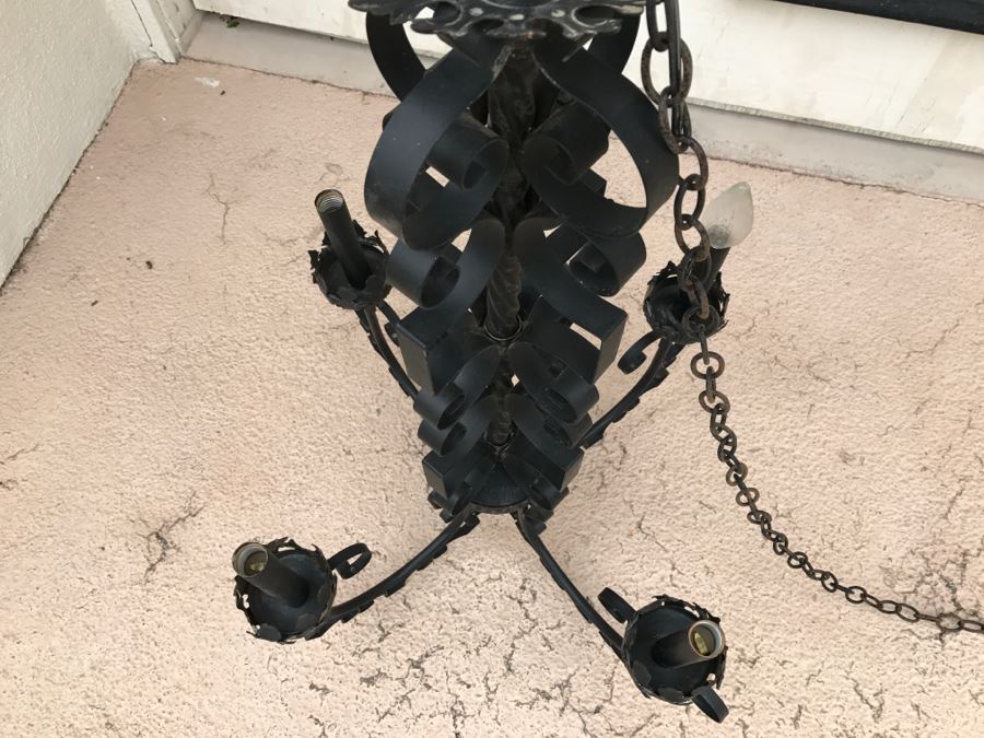 Ornate Vintage Black Metal Chandelier Light Fixture 4 Arms [Photo 7]