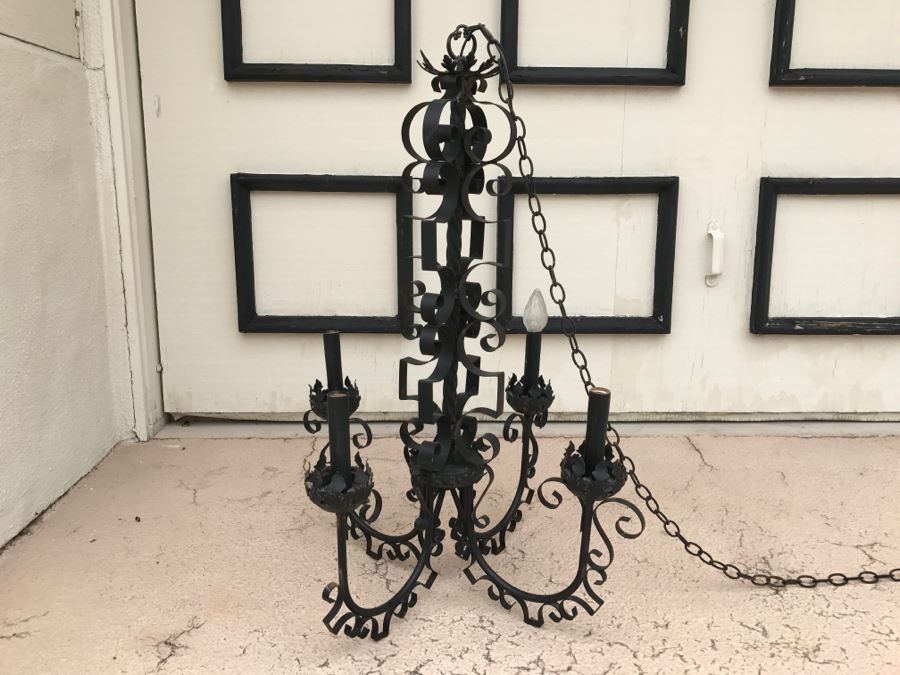 Ornate Vintage Black Metal Chandelier Light Fixture 4 Arms [Photo 1]