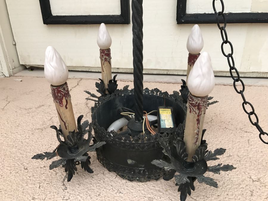 Ornate Vintage Black Metal Chandelier Light Fixture 4 Arms [Photo 7]