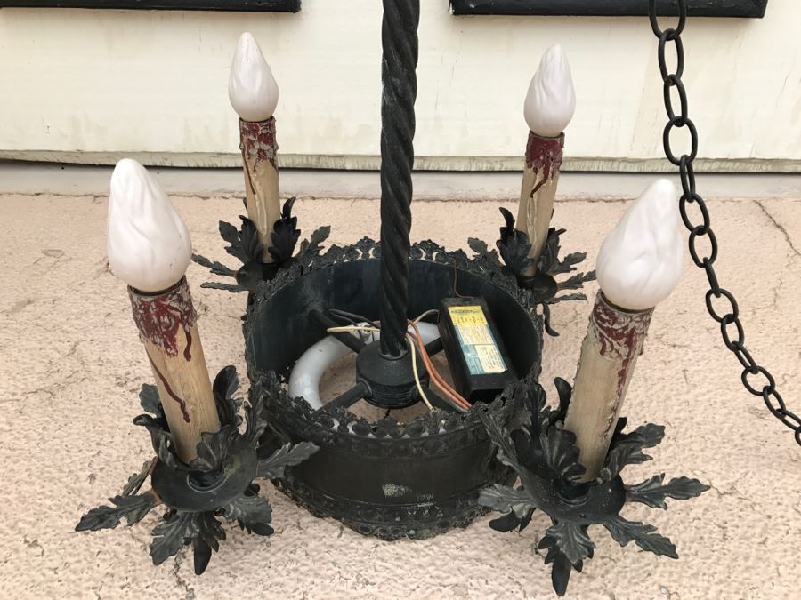 Ornate Vintage Black Metal Chandelier Light Fixture 4 Arms [Photo 2]