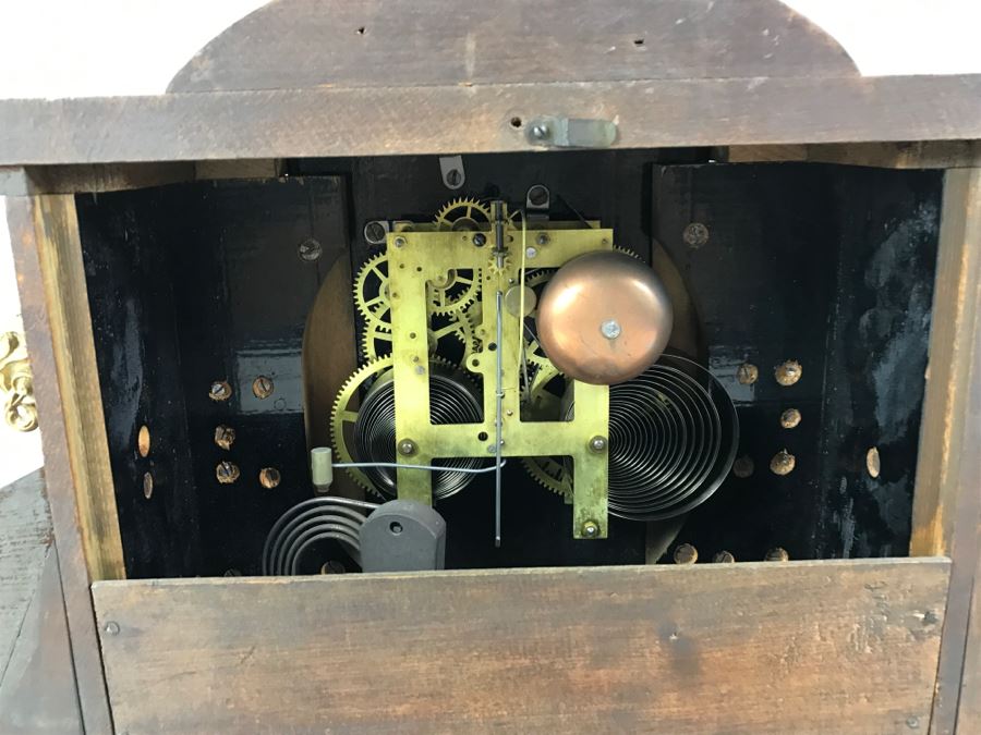 Vintage Wooden Mantle Clock With Metal Ornamentation Made In USA Maker Unknown Marbled Wood Working [Photo 6]