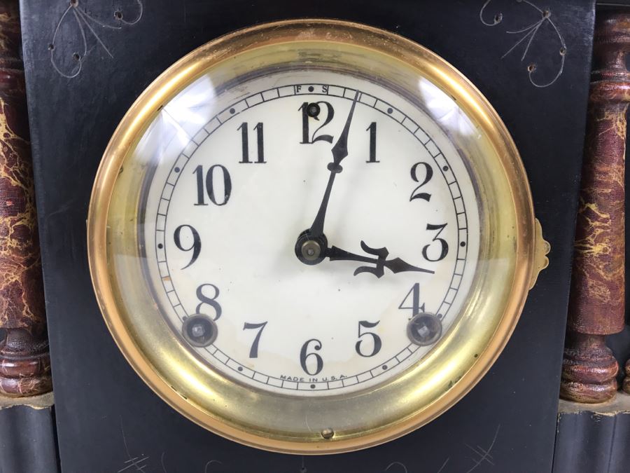 Vintage Wooden Mantle Clock With Metal Ornamentation Made In USA Maker Unknown Marbled Wood Working [Photo 10]