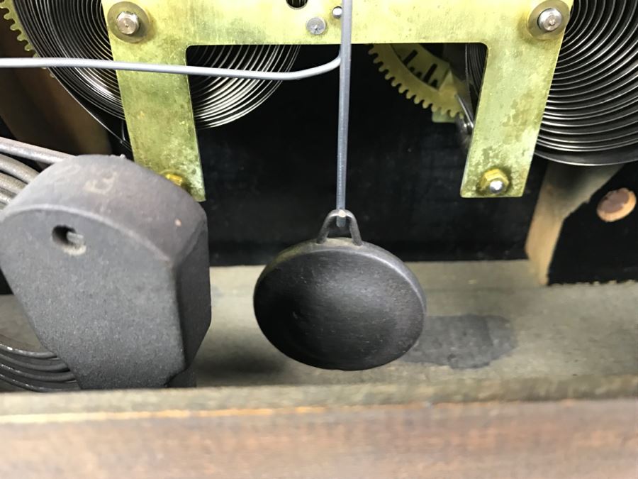 Vintage Wooden Mantle Clock With Metal Ornamentation Made In USA Maker Unknown Marbled Wood Working [Photo 8]