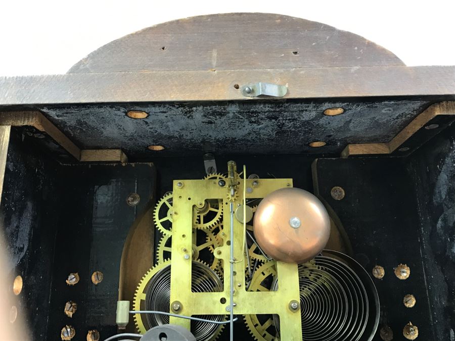 Vintage Wooden Mantle Clock With Metal Ornamentation Made In USA Maker Unknown Marbled Wood Working [Photo 22]