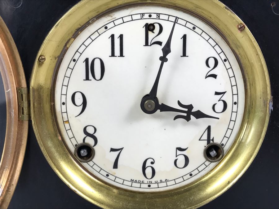 Vintage Wooden Mantle Clock With Metal Ornamentation Made In USA Maker Unknown Marbled Wood Working [Photo 3]