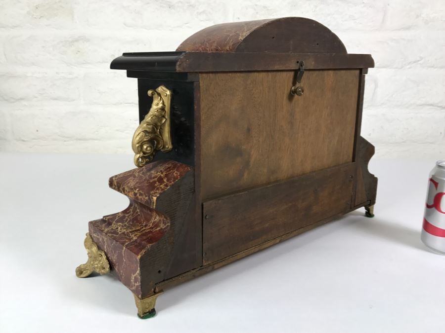 Vintage Wooden Mantle Clock With Metal Ornamentation Made In USA Maker Unknown Marbled Wood Working [Photo 4]