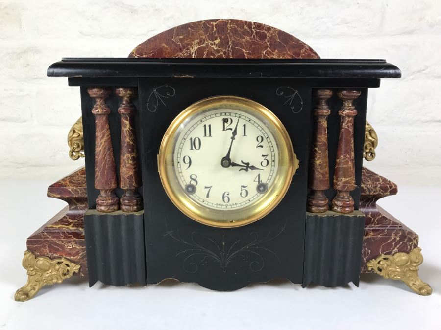 Vintage Wooden Mantle Clock With Metal Ornamentation Made In USA Maker Unknown Marbled Wood Working [Photo 1]