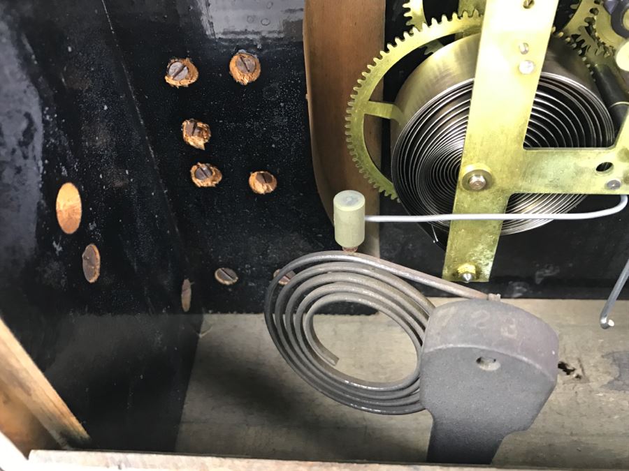 Vintage Wooden Mantle Clock With Metal Ornamentation Made In USA Maker Unknown Marbled Wood Working [Photo 19]