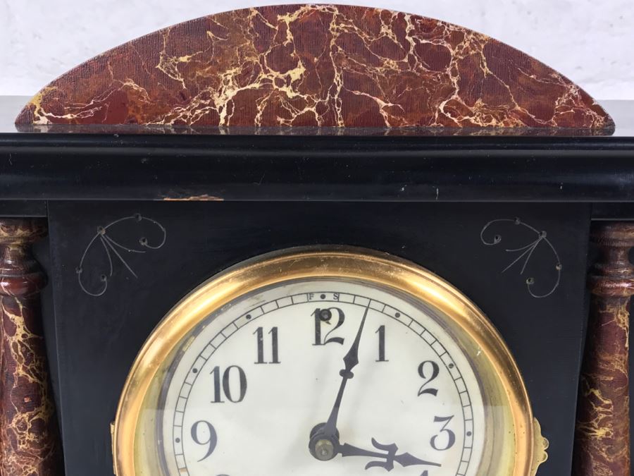 Vintage Wooden Mantle Clock With Metal Ornamentation Made In USA Maker Unknown Marbled Wood Working [Photo 13]