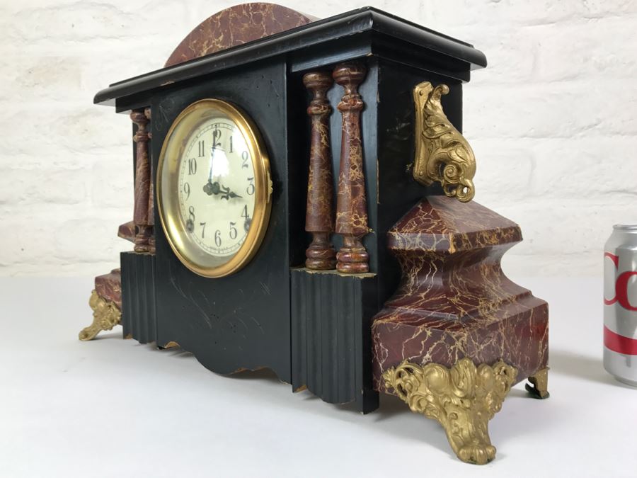 Vintage Wooden Mantle Clock With Metal Ornamentation Made In USA Maker Unknown Marbled Wood Working [Photo 15]