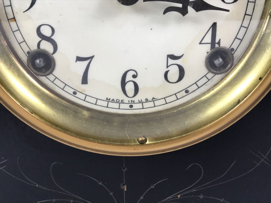 Vintage Wooden Mantle Clock With Metal Ornamentation Made In USA Maker Unknown Marbled Wood Working [Photo 11]