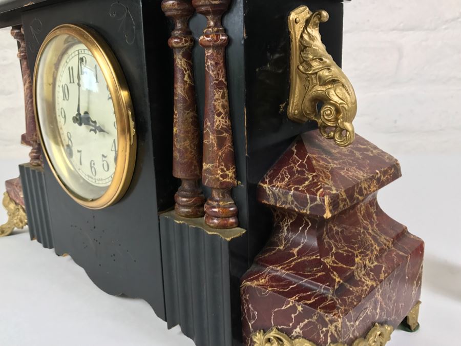 Vintage Wooden Mantle Clock With Metal Ornamentation Made In USA Maker Unknown Marbled Wood Working [Photo 14]