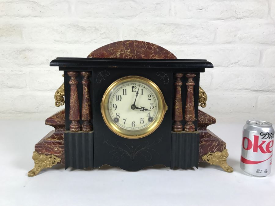 Vintage Wooden Mantle Clock With Metal Ornamentation Made In USA Maker Unknown Marbled Wood Working [Photo 9]