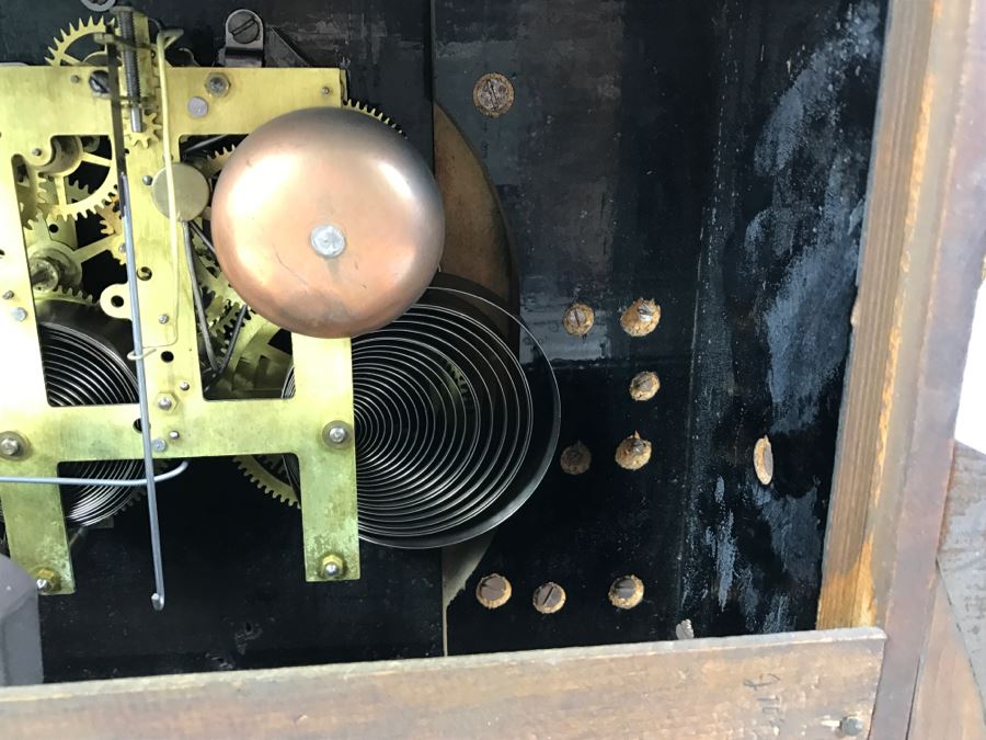Vintage Wooden Mantle Clock With Metal Ornamentation Made In USA Maker Unknown Marbled Wood Working [Photo 17]