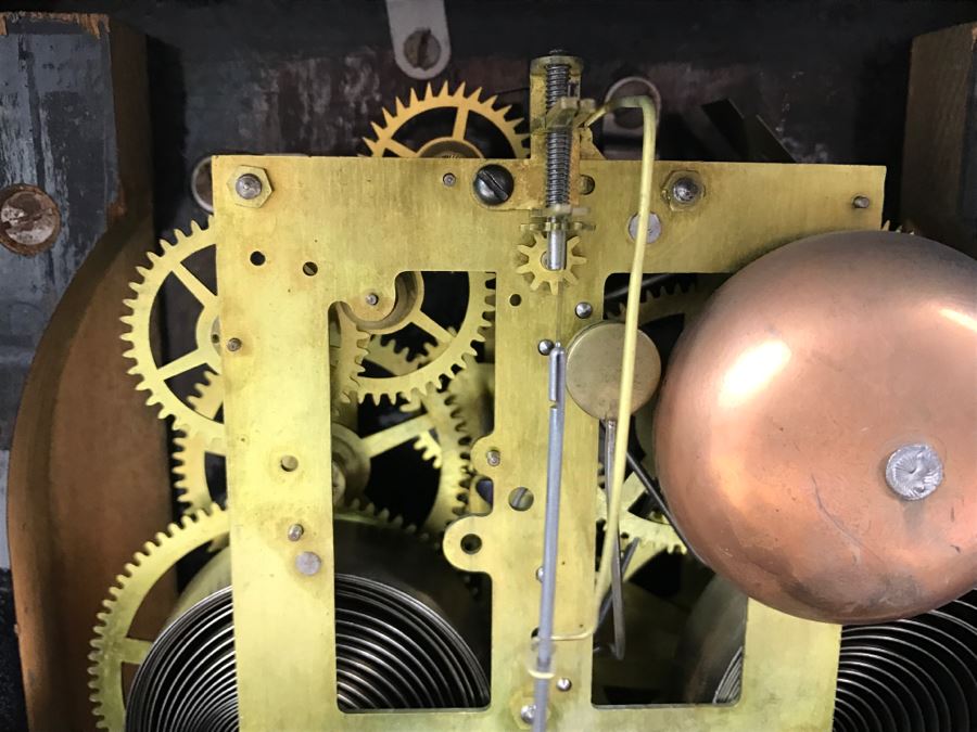 Vintage Wooden Mantle Clock With Metal Ornamentation Made In USA Maker Unknown Marbled Wood Working [Photo 23]