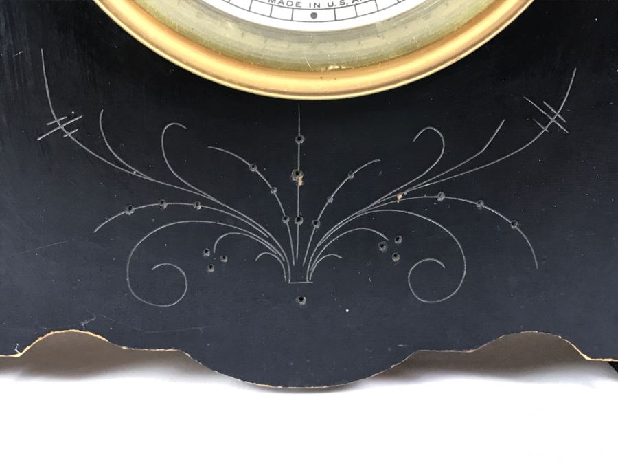 Vintage Wooden Mantle Clock With Metal Ornamentation Made In USA Maker Unknown Marbled Wood Working [Photo 12]