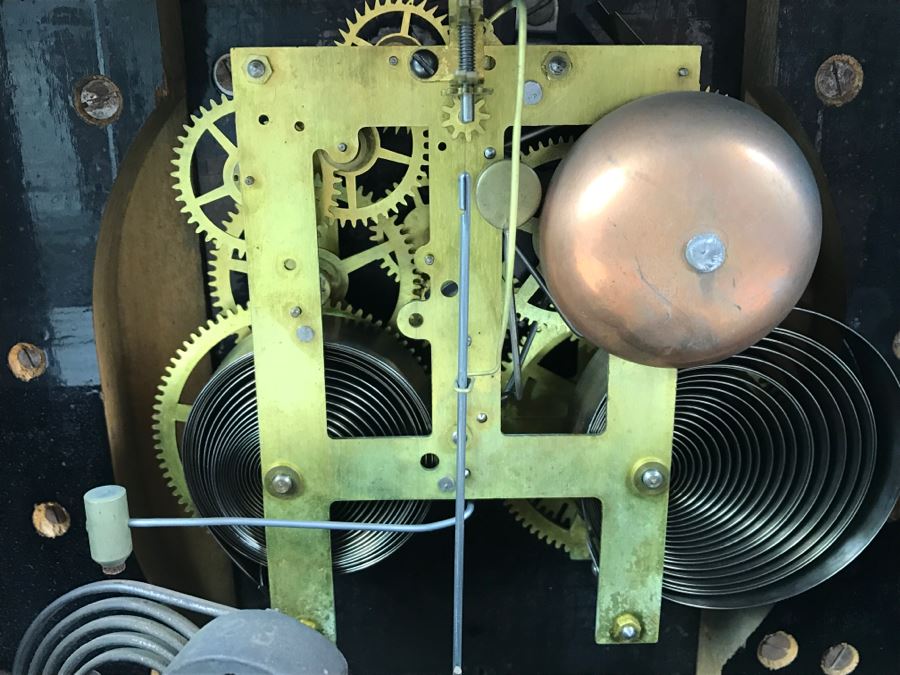 Vintage Wooden Mantle Clock With Metal Ornamentation Made In USA Maker Unknown Marbled Wood Working [Photo 7]