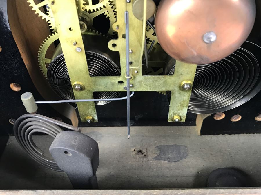 Vintage Wooden Mantle Clock With Metal Ornamentation Made In USA Maker Unknown Marbled Wood Working [Photo 18]