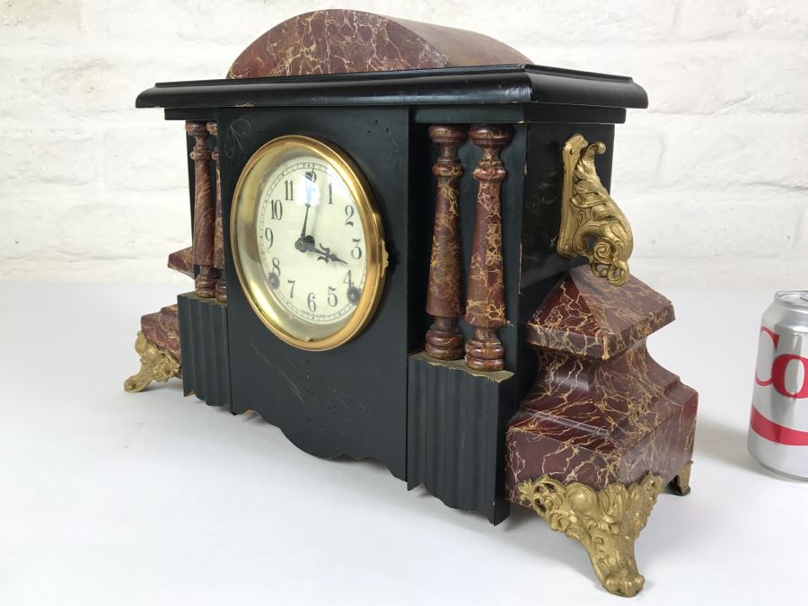 Vintage Wooden Mantle Clock With Metal Ornamentation Made In USA Maker Unknown Marbled Wood Working [Photo 2]